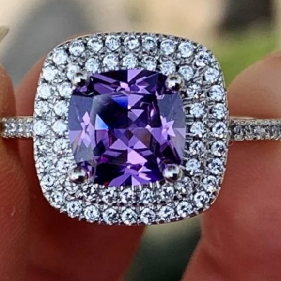 *NEW Purple Cushion Amethyst Diamond Halo Ring - Picture 5 of 7